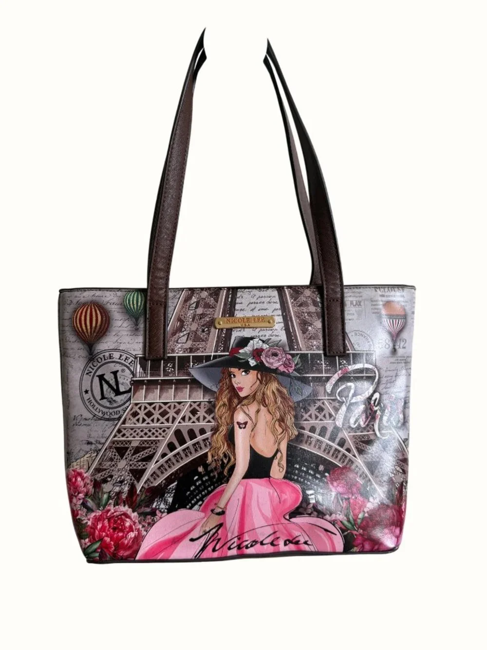 Nicole Lee Paris Print Tote Wristlet Set Eiffel Tower Design Brown Handles